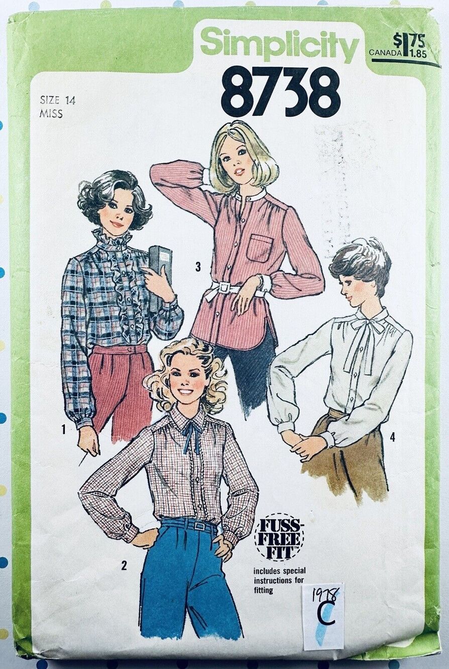 Vtg 70s Simplicity 8738 Blouse Tunic Stand Up Ruffle Collar Pattern Sz 14 CUT